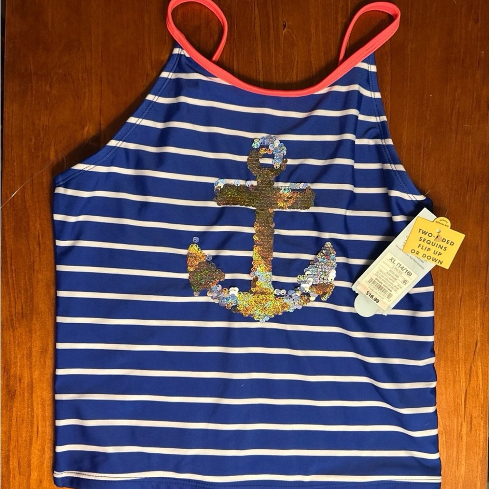 🔥🔥 4 for $15 cat and jack girls swim top sequin anchor blue stripes xl
